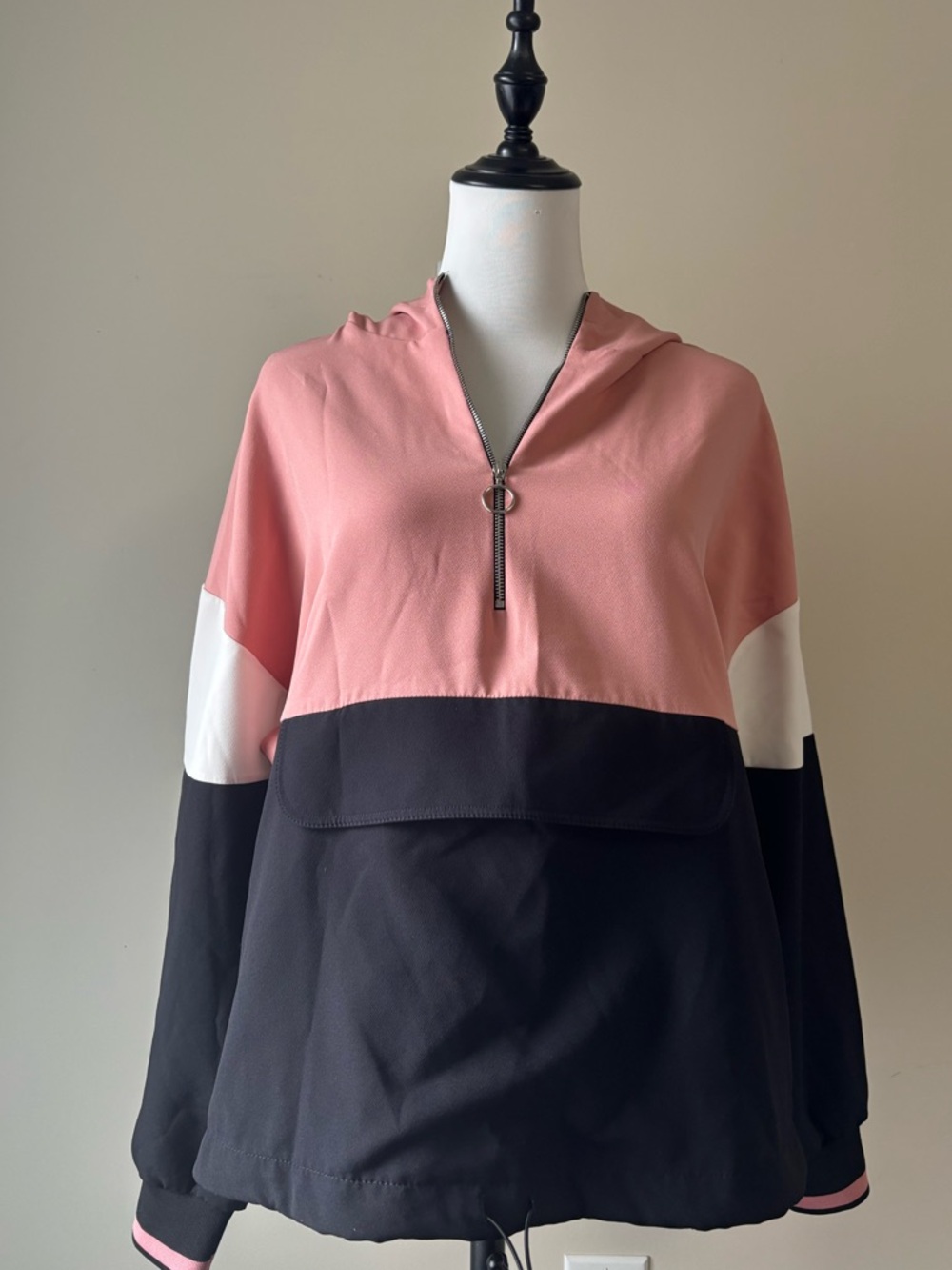 Pink Black Colour-block Pullover 1/4 Zip Up with Kangaroo Pocket